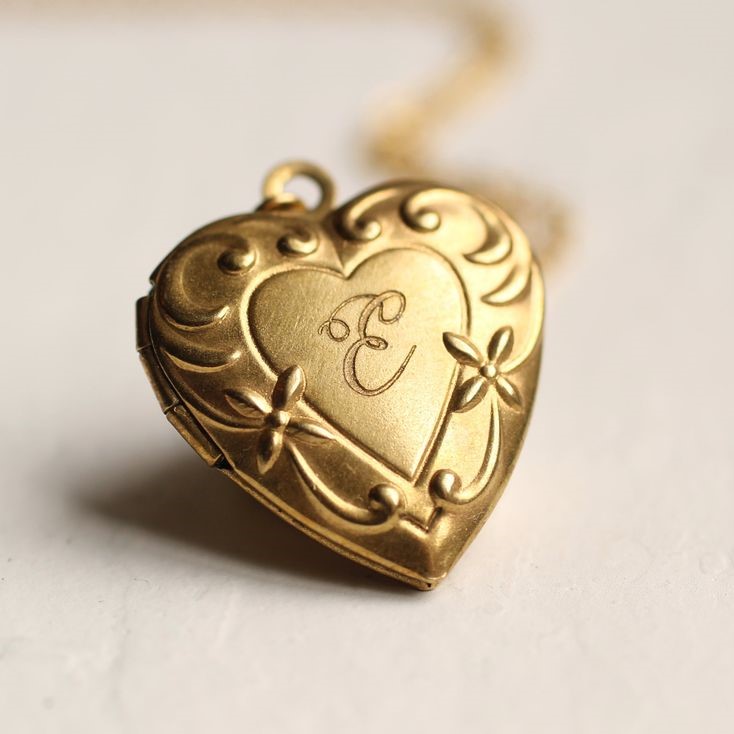 Art Nouveau Heart Necklace, Heart Locket with Photo, Initial Gold Locket, Girls Necklace, Personalised Birthday Gift, NOUVEAU HEART ENGRAVED