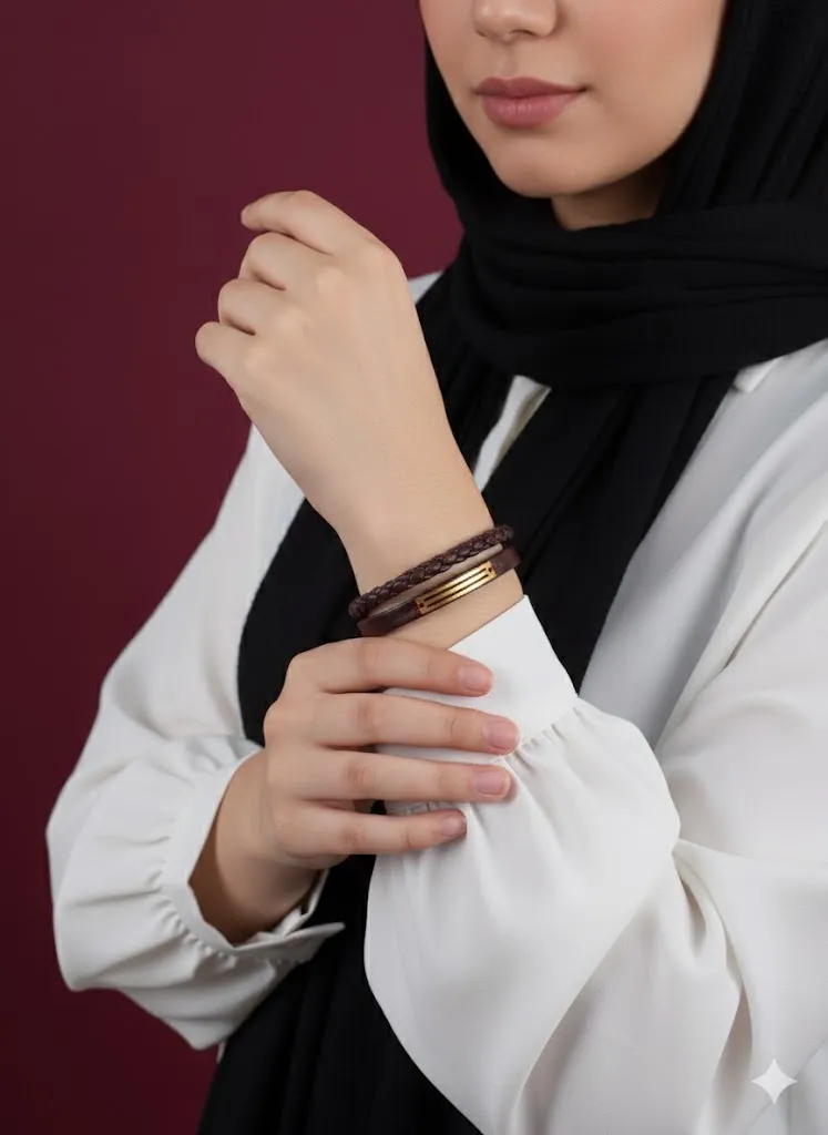 دستبند طلای دو بافت با پلاک خطی - Image 2