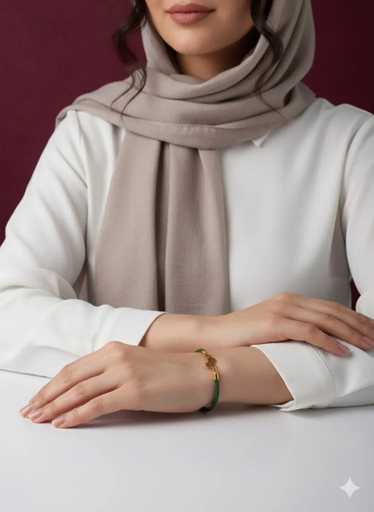 دستبند طلای سه گل با بند چرمی - Image 2